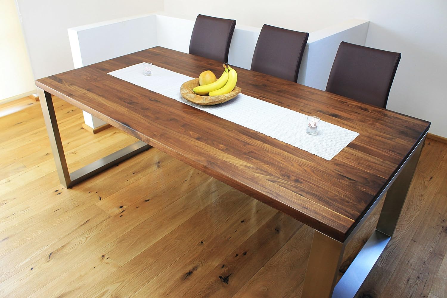 Esstisch Massivholz Edelstahl Serie Munich, Tisch Holz Nussbaum amerik. massiv 220 x 100 cm, Holztisch Edelstahl Metall Stahl, Premium Esstisch, Design Tisch Edelstahl Tischgestell