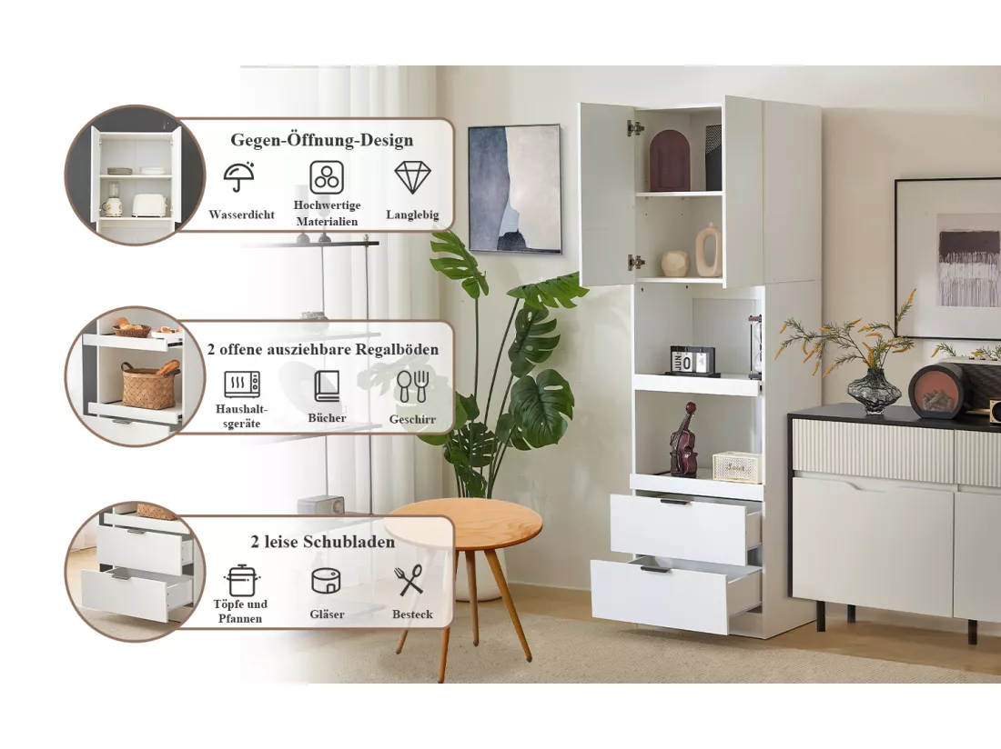 Buffet de cuisine avec 2 portes, 2 tiroirs et étagères - 59.5 x 45 x 200 cm - Bois MDF - Blanc