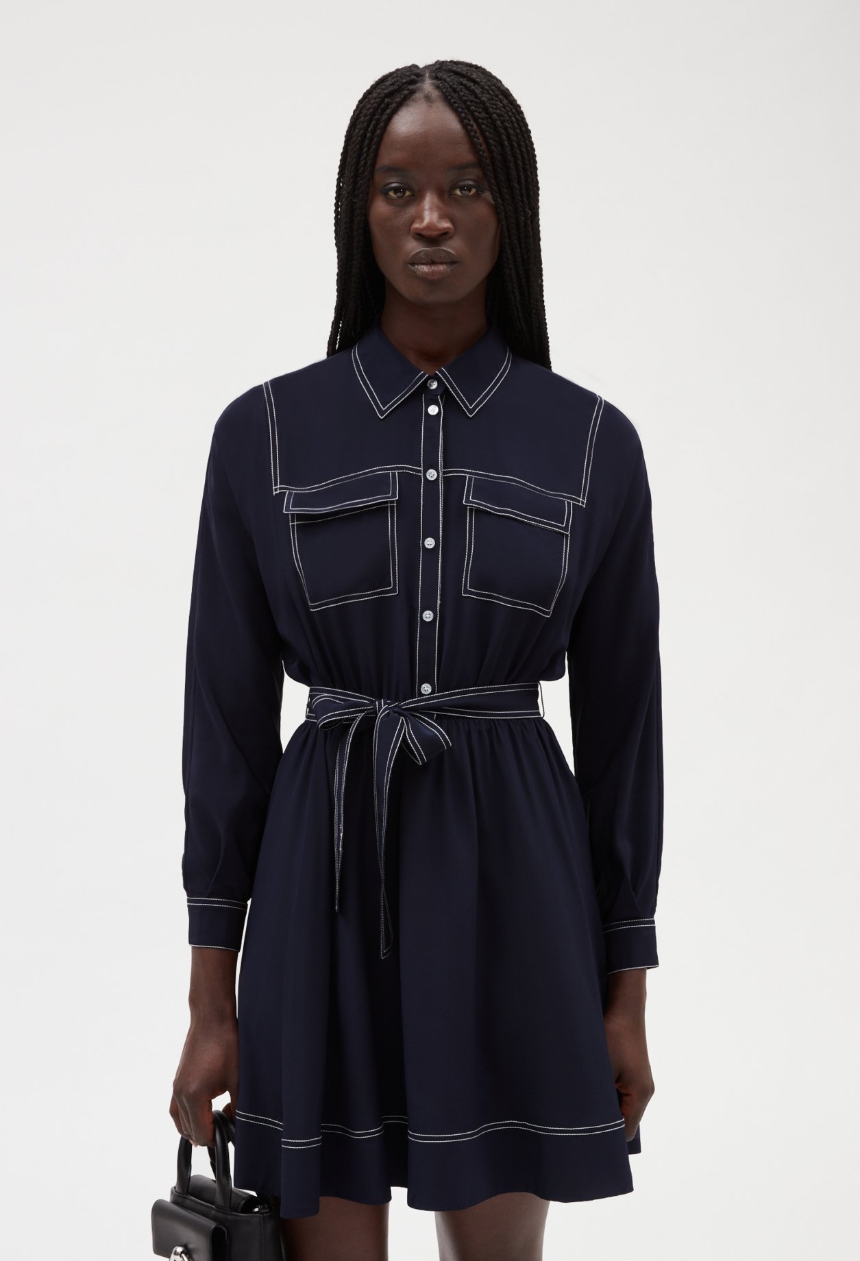 Robe courte soie manches longues bleue