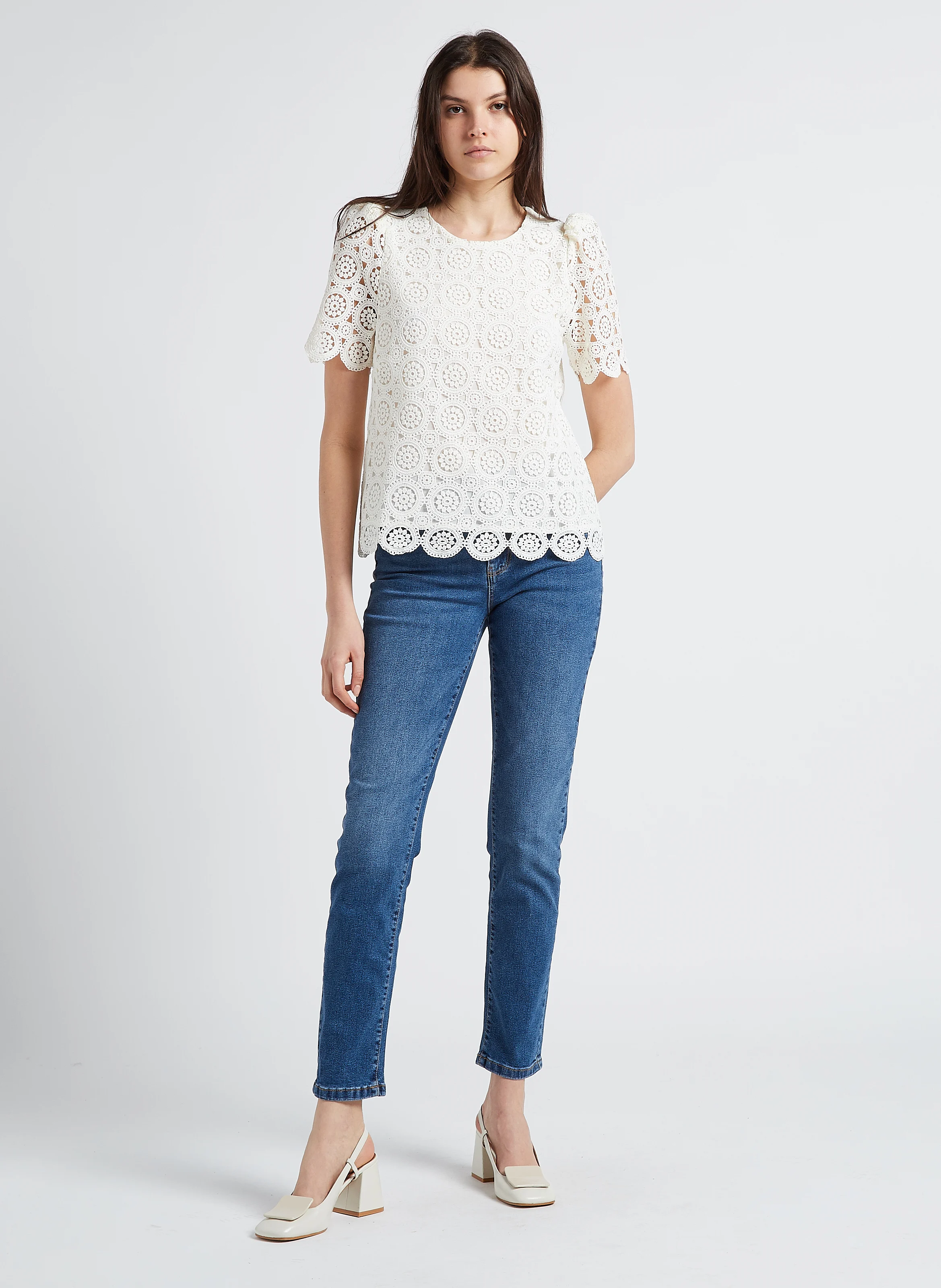 Jean droit taille mi-haute en denim de coton| Bleu