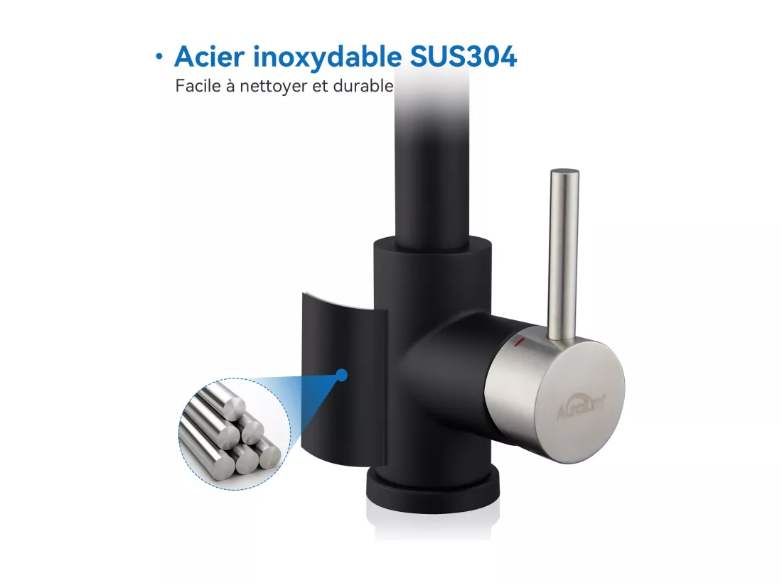 AuraLum Max Mitigeur cuisine avec douchette Robinet Cuisine à Ressort,Rotation 360° Robinet d'Evier 2 Jets,Eau Froide/Chaude,Noir,EU Modèle