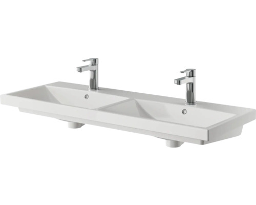 3-delige badkamermeubelset Pelipal serie 4035 BxHxD 120 x 200 x 45 cm, frontkleur eiken riviera, met keramische wastafel in wit en keramische dubbele wastafel, badmeubel, spiegelkast met LED-verlichting 40351200121470