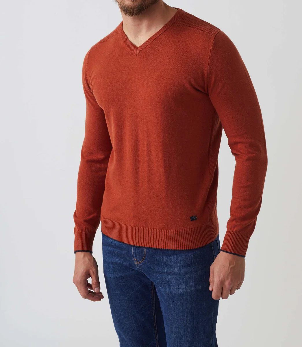 Pull col V coton-cachemire orange 