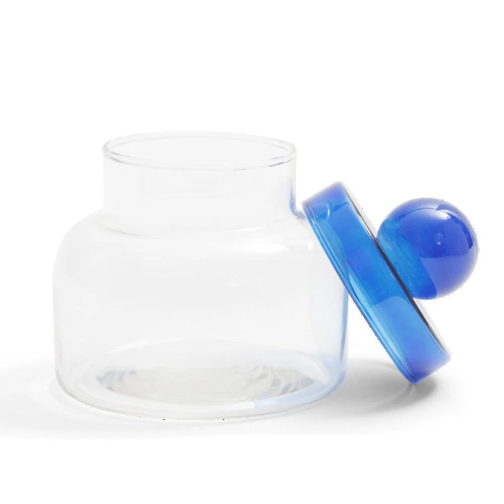 Boîte en verre transparent + couvercle bleu Ø12xH16cm