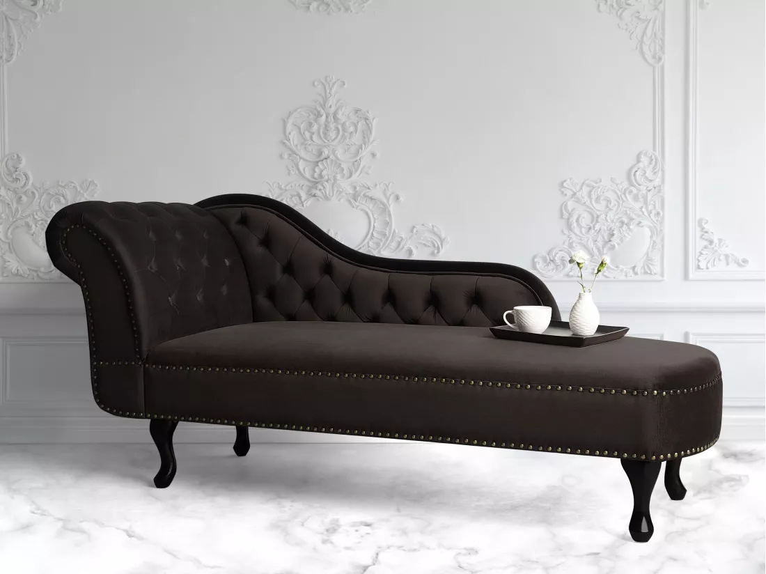 Chaise longue en velours marron côté droite style Chesterfield NIMES