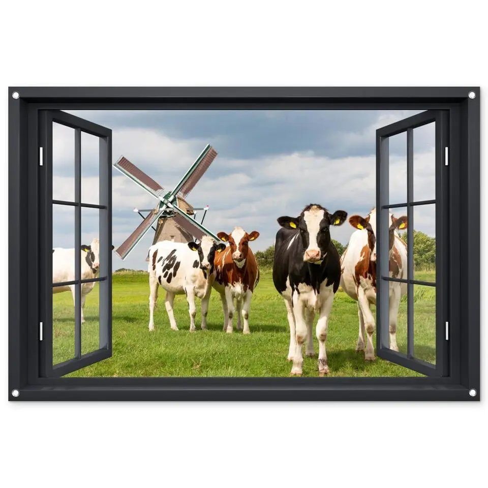MuchoWow Tuinposter 120x80cm Doorkijk Koe Molen Koeien