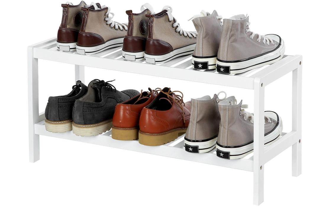 Schuhregal mit 2 Ablagen aus Bambus, WeissSchuh-Organizer