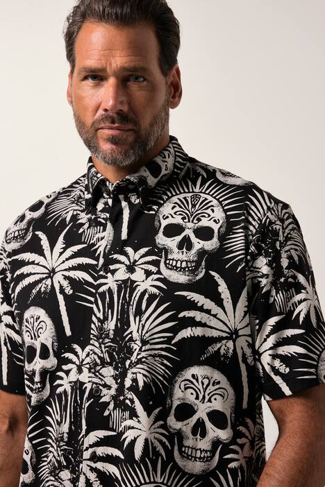 JP1880 Jersey-Hemd, Halbarm, Buttondown-Kragen, Totenkopf-Muster, Modern Fit, bis 8 XL, schwarz | Ulla Popken