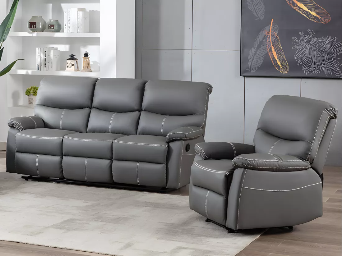 Canapé 3 places et un fauteuil relax en simili gris CANBY