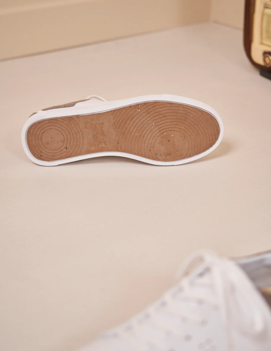 Baskets basses René - Cuir blanc et flanelle beige