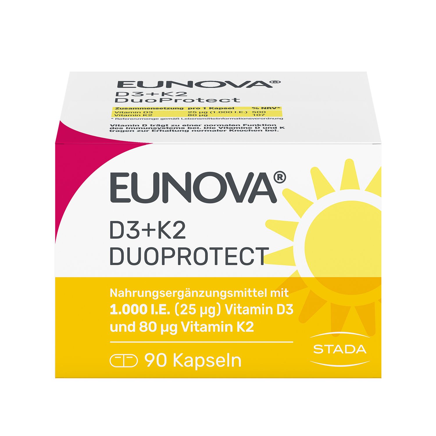EUNOVA® D3 + K2 DuoProtect – 1.000 I.E.  Nahrungsergänzungsmittel zur normalen Funktion des Immunsystems & Erhaltung normaler Knochen