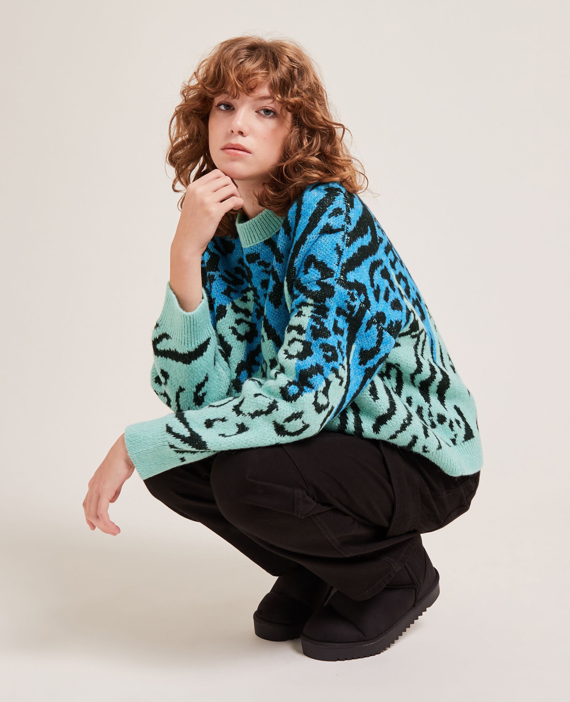 Pull motif léopard fantaisie - Bleu