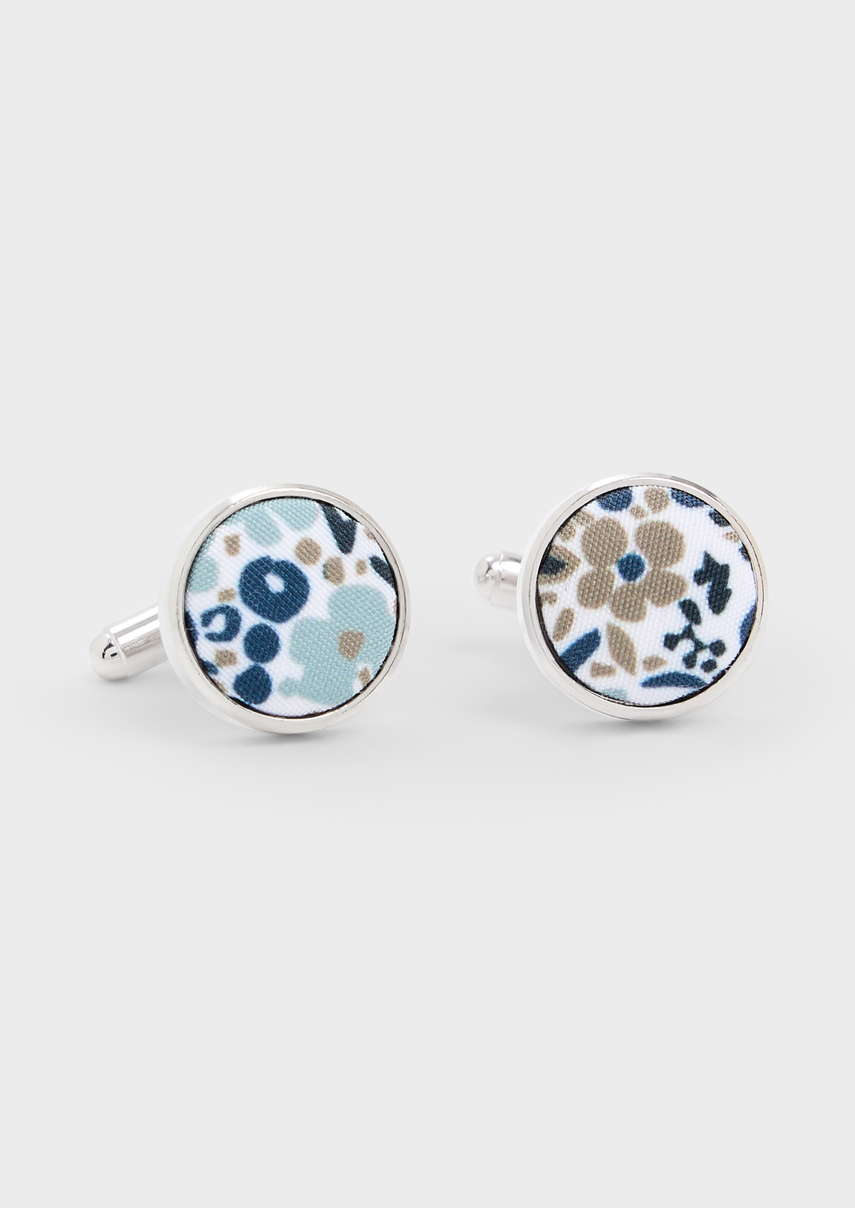Boutons de manchettes ronds blancs à motif fleuri vert d'eau, bleu et beige