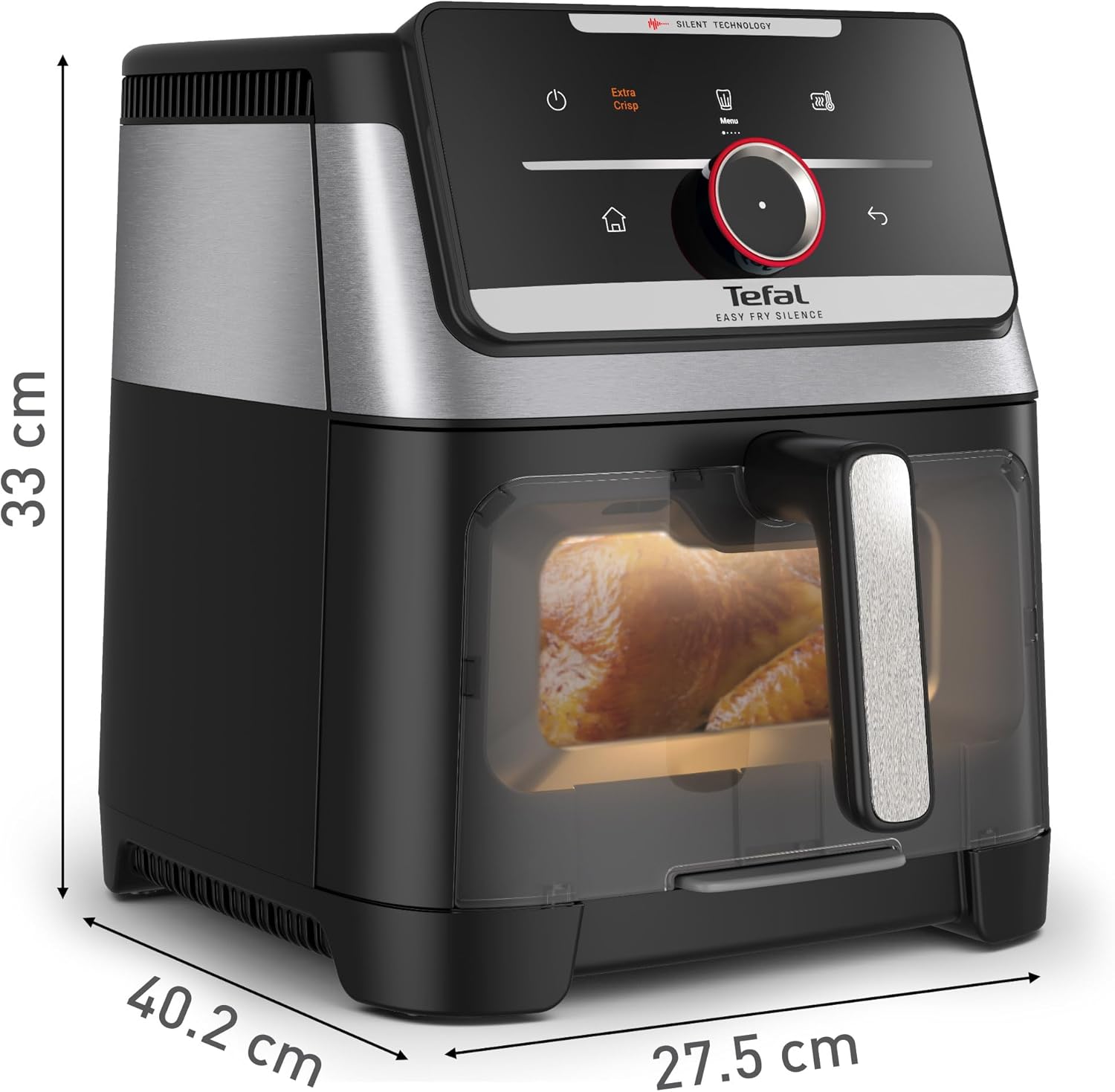 Tefal Easy Fry Silence Heißluftfritteuse, 7 L Fassungsvermögen, Silent-Technologie, Smart Assist System, bis zu 8 Portionen, abnehmbare Front mit Sichtfenster, Schwarz, EY876DE0