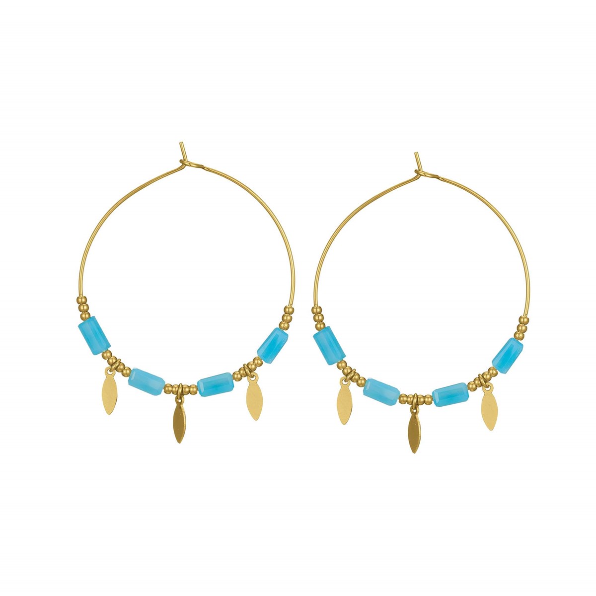 Boucles Plumes acier dorés or bleues