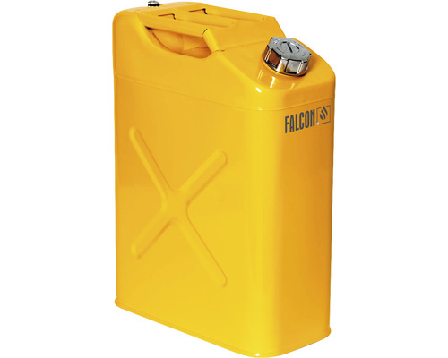 Falcon veiligheidsjerrycan met draagbeugel, schroefdop en transportgoedkeuring, 20 l, staal, geel gelakt, inclusief schenktuit.