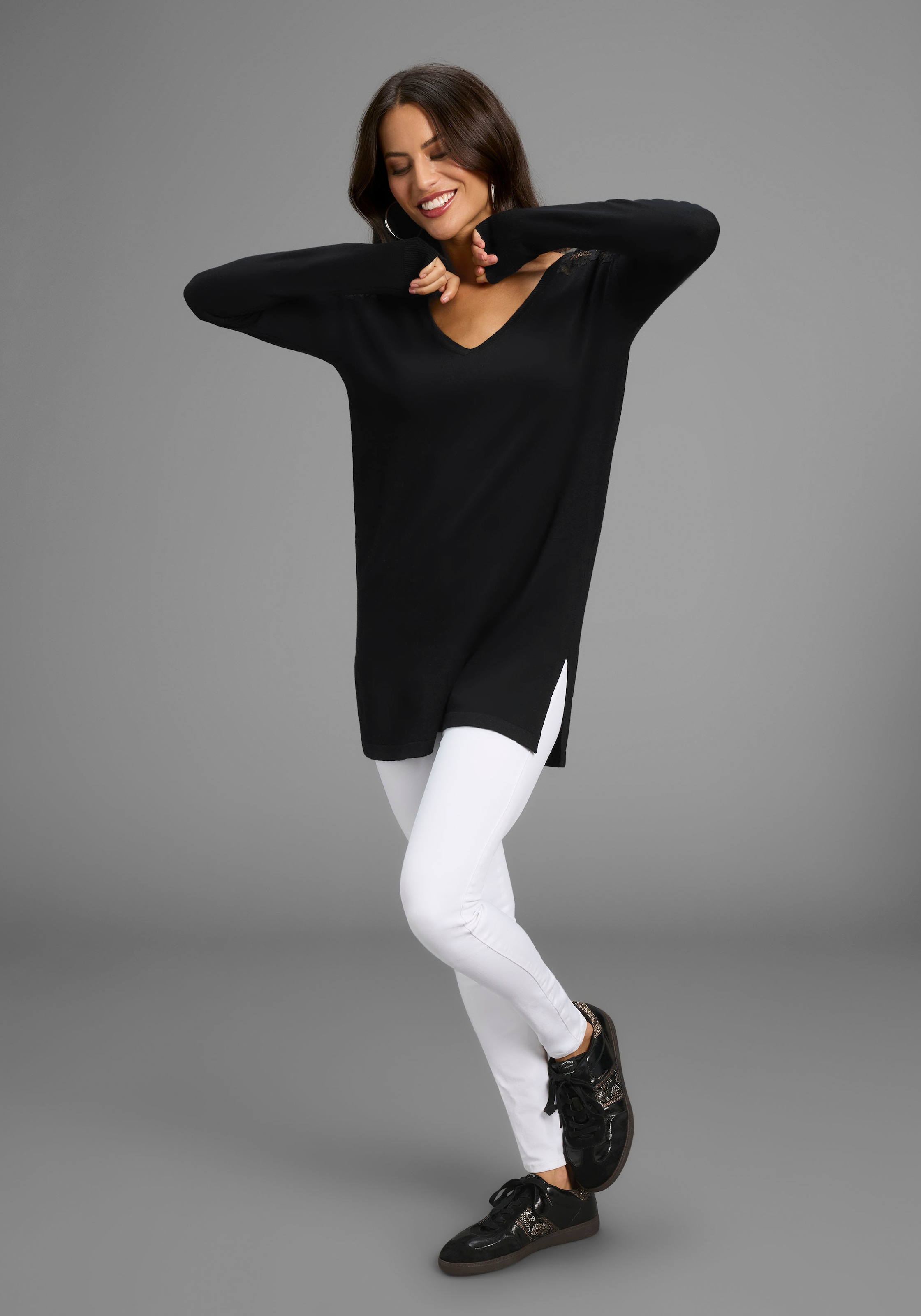 Laura Scott Longpullover , Feinstrickpullover mit Spitzendetails und Schlitzen - NEUE KOLLEKTION