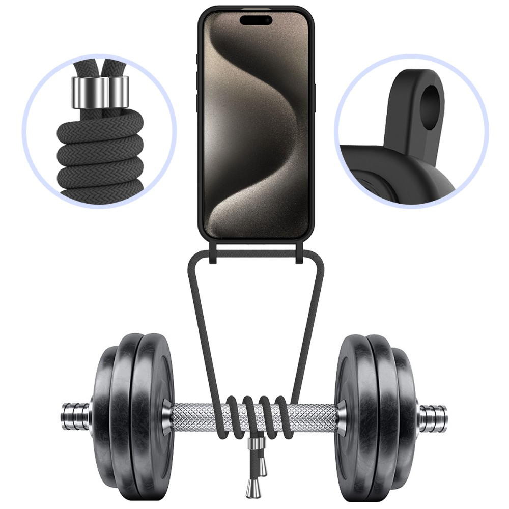 iPhone 16 Pro Necklace Silikon Hülle mit Kartenfach   Handykette (160cm) - Schwarz