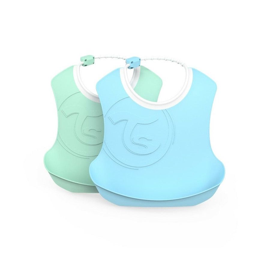 Set de 2 bavoirs avec poche récupératrice 4+ mois - Bleu/Vert Pastel - Ecru