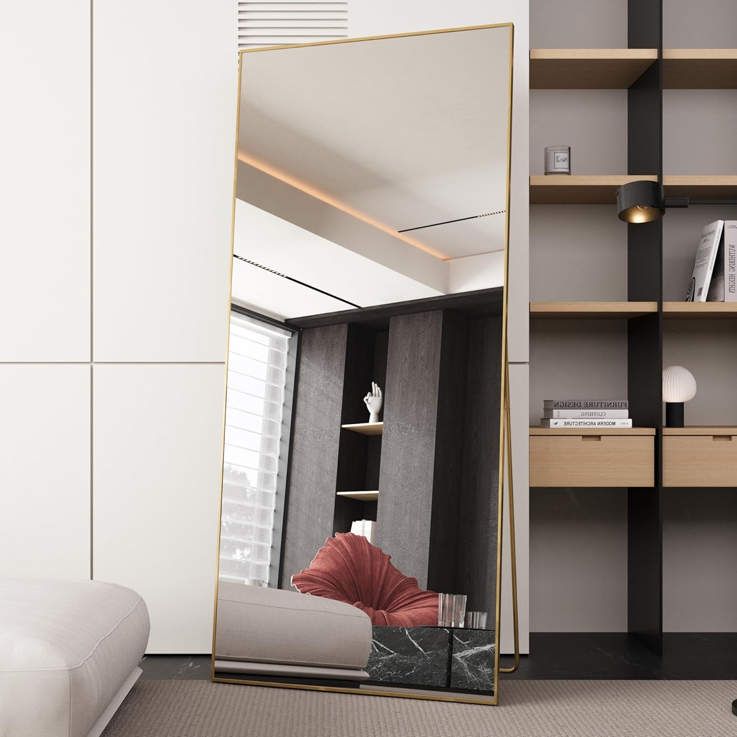 Ganzkörperspiegel Standspiegel 180x80cm mit Golden Metallrahmen Bodenspiegel HD Spiegel Groß Wandspiegel mit Haken für Wohn-, Schlaf- und Ankleidezimmer