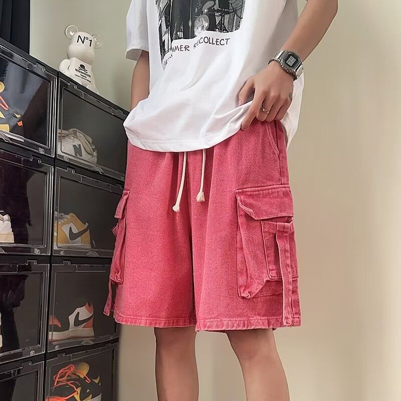 Ateso - Gewassen denim cargoshorts met trekkoordtaille