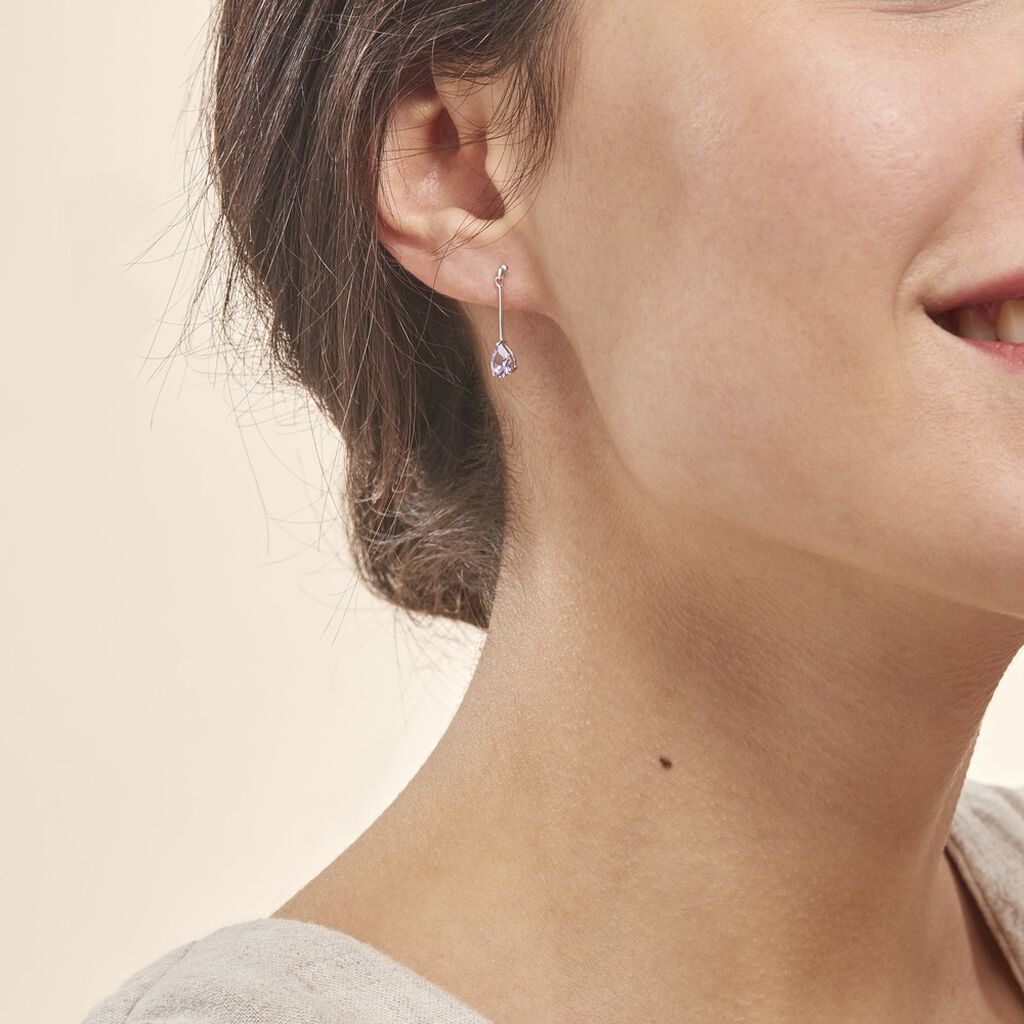 Boucles D'oreilles Pendantes Goutte Or Blanc Amethyste
