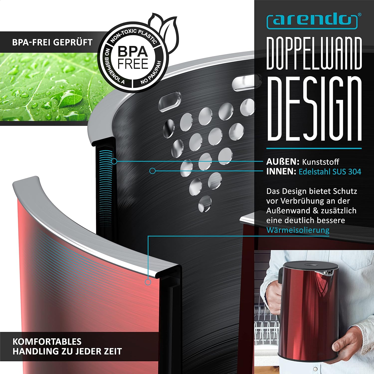 Arendo - Wasserkocher mit Toaster SET Edelstahl Rot, Wasserkocher 1,5L, 40° 100°C Warmhaltefunktion Toaster 4 Scheiben LED-Display 6 Bräunungsgrade Brötchaufsatz