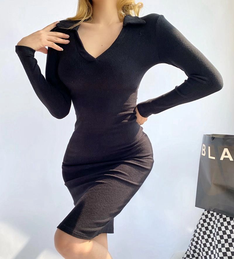 Haneliz - Gebreide midi-jurk met lange mouwen en kraag