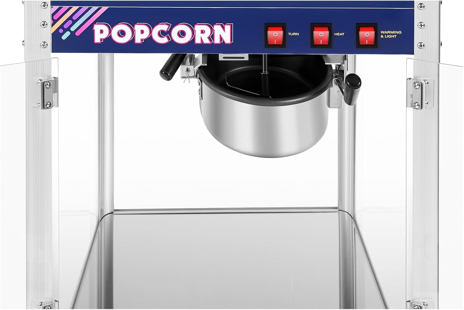 Royal Catering Popcornmaschine Retro-Design in Blau 1500 W 5 kg/h beleuchteter Innenraum entnehmbarer Topf mit Antihaftbeschichtung perforierter Boden Krümelschublade