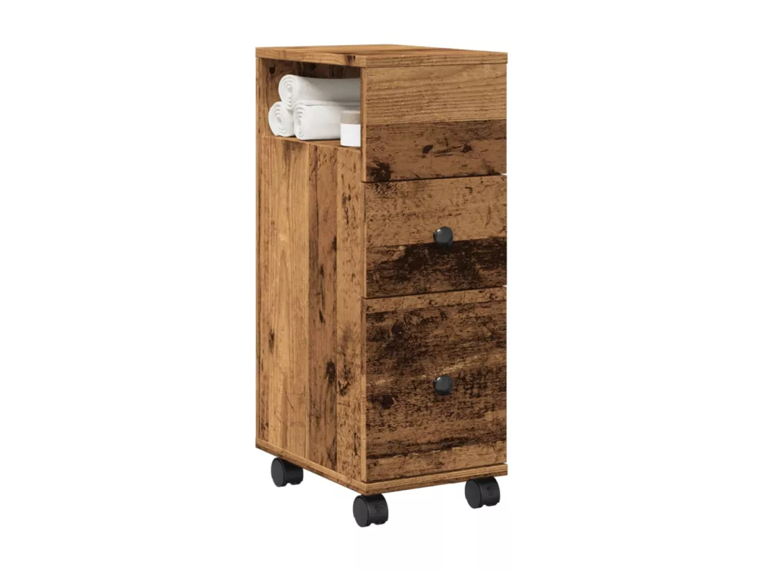 Meuble étroit de salle de bain à roulettes vieux bois