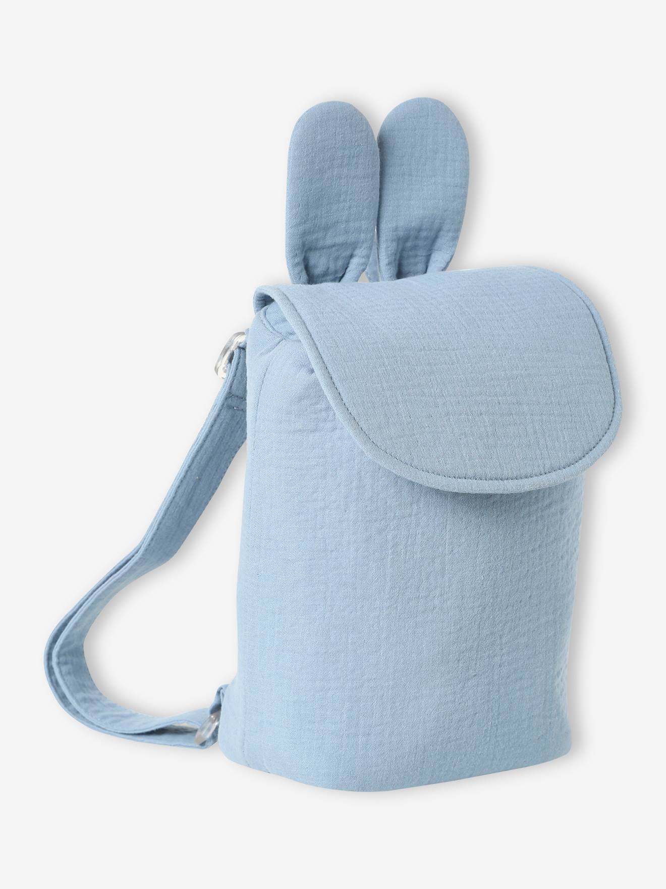 Mochila personalizável feita de tecido azul-acinzentado.