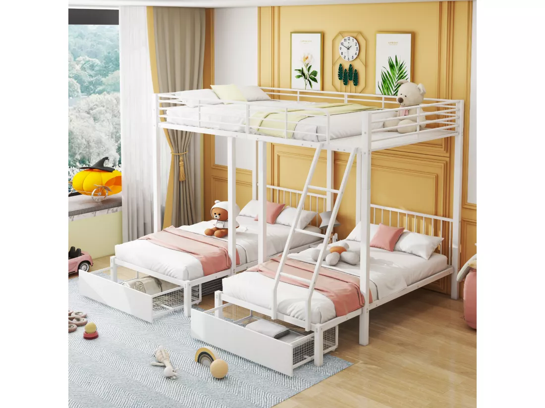 Lits superposés triple avec 2 tiroirs - lit double 140 x 200 cm et 2 lits simples 90 x 200 cm - métal - blanc