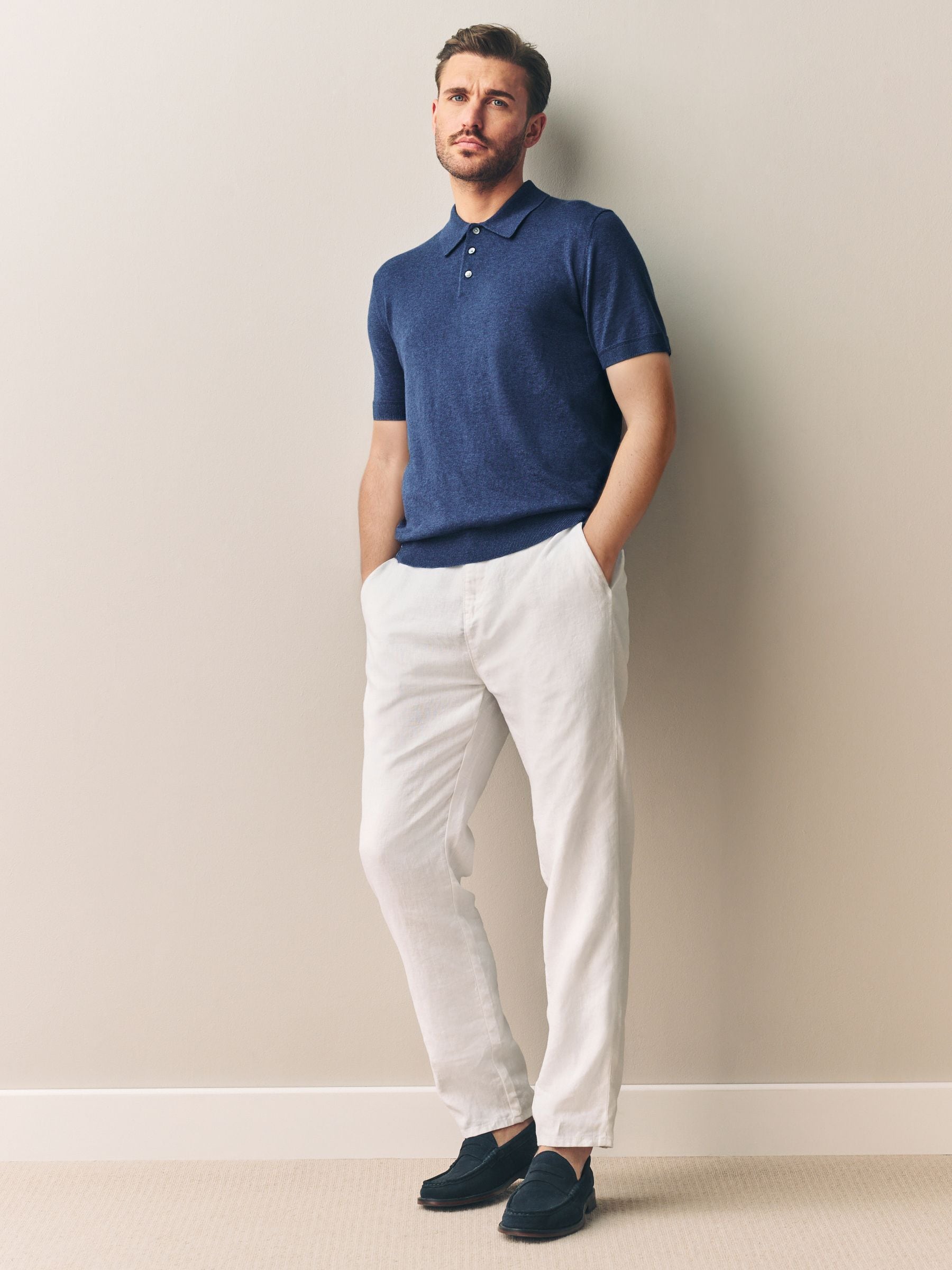 Donkerblauw - Regular Fit Signature Short Sleeve Knit Polo with Cashmere Wool