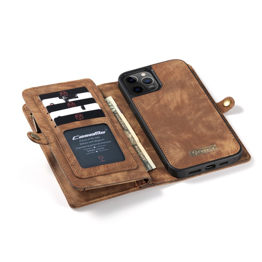 iPhone 12 / iPhone 12 Pro 2in1 Leder Tasche   Magnet Hardcase Karten Etui - Hellbraun