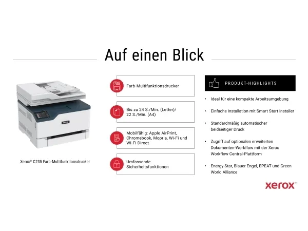 Xerox C235 - Multifunktionsprinter - farve - laser - Legal (216 x 356 mm) (original) - A4/Legal (medie) - op til 22 spm (udskriver) - 250 ark - 33.6 Kbps - USB 2.0, LAN, Wi-Fi(n), USB 2.0 vært - Green World Alliance returneringsprogram