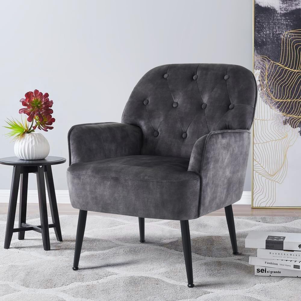 IWMH Sessel Wohnzimmer Schlafzimmer, Lazy Lounge Cocktailsessel Bequemer mit Armlehnen und Einer Seitentasche, Samt Modern dreh Polster Lesesessel mit Metallbeinen (Grau)