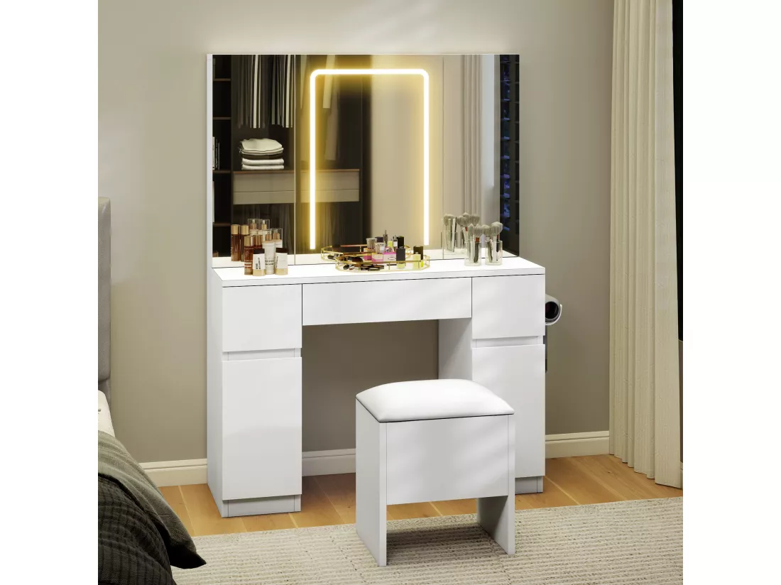 YITAHOME Coiffeuse avec Miroir et Tabouret - Table de Maquillage avec Éclairage LED - Table Cosmétique avec 3 Tiroirs - Blanc