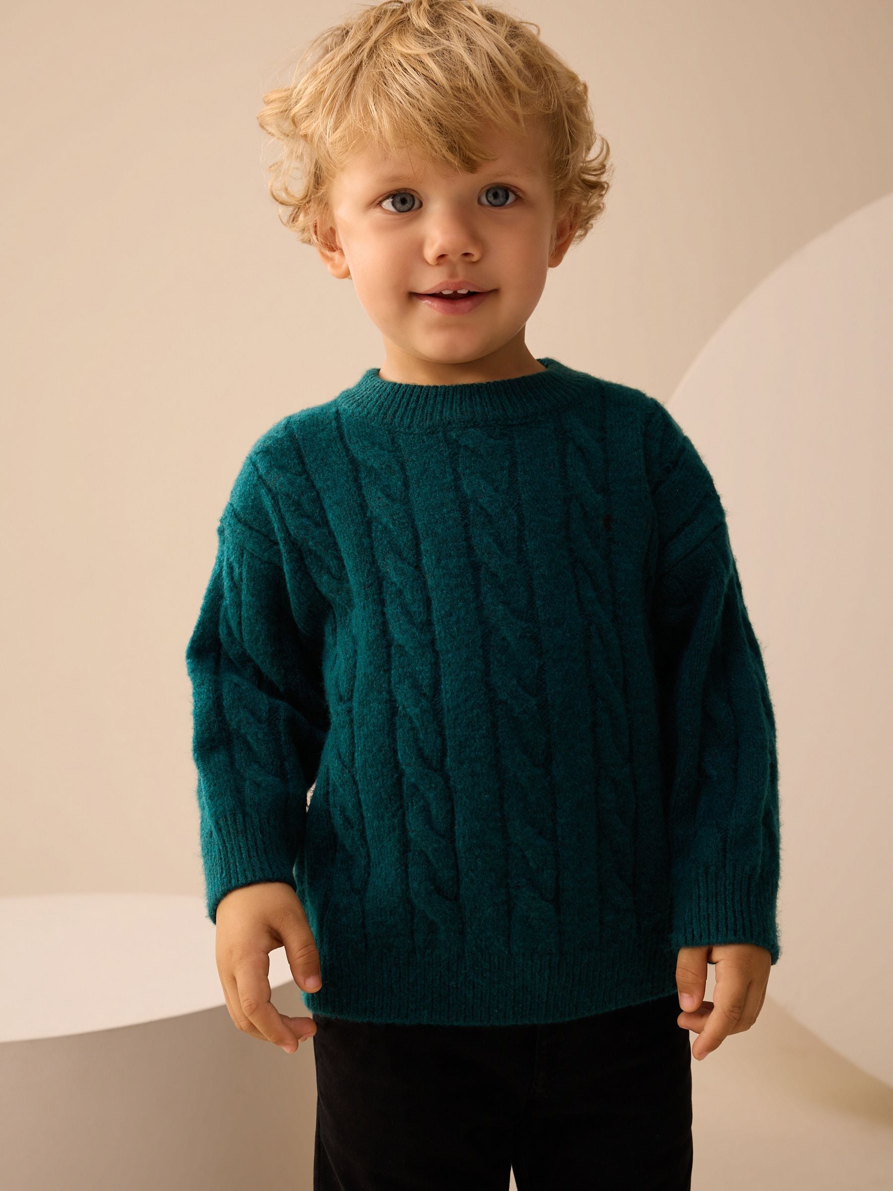 Donkergroen - Kabelgebreide trui met ronde hals (3mnd-7jr)