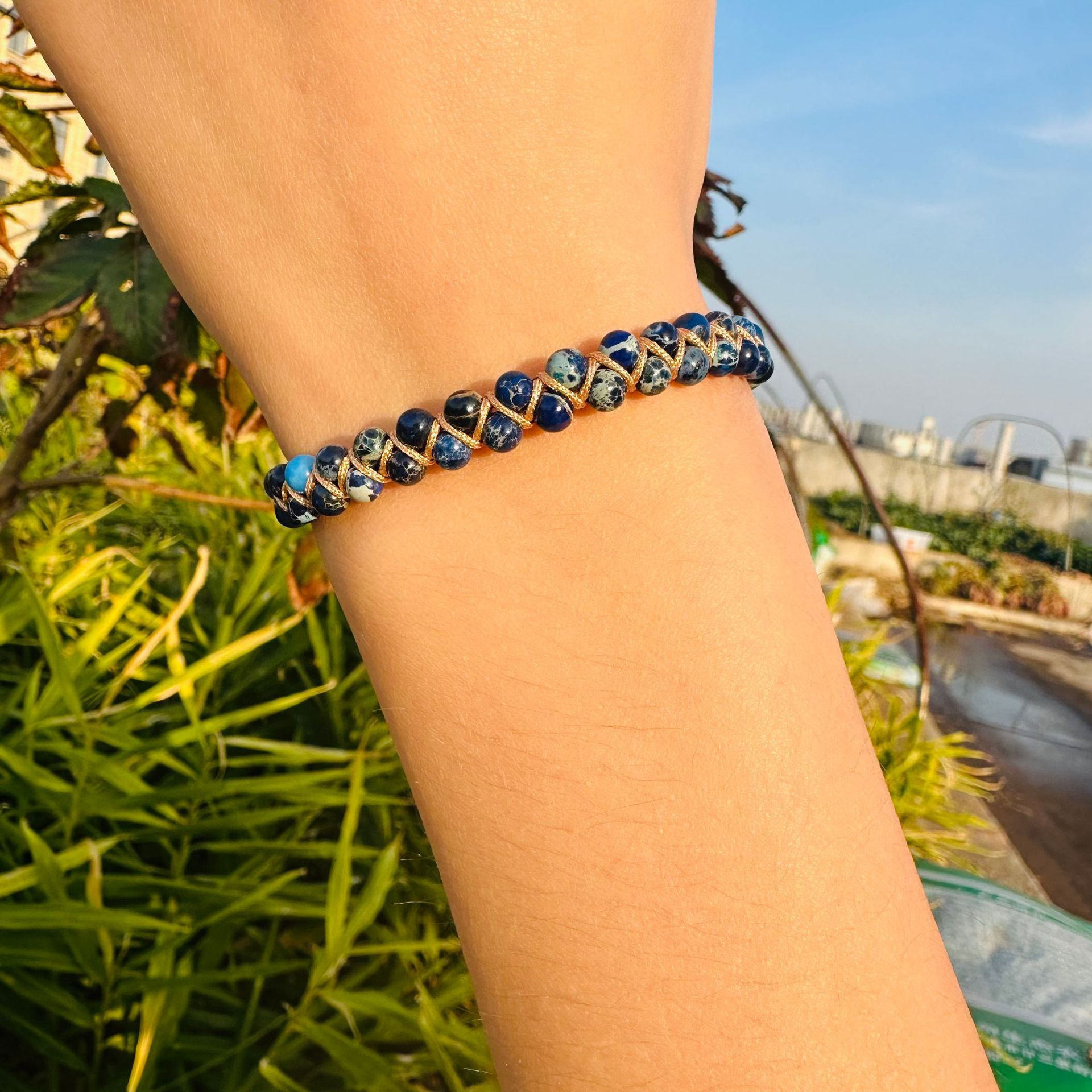 (160-235mm) Geflochtenes Nylon Naturstein Armband Edelstein Modeschmuck Armkette - Jaspis Blau