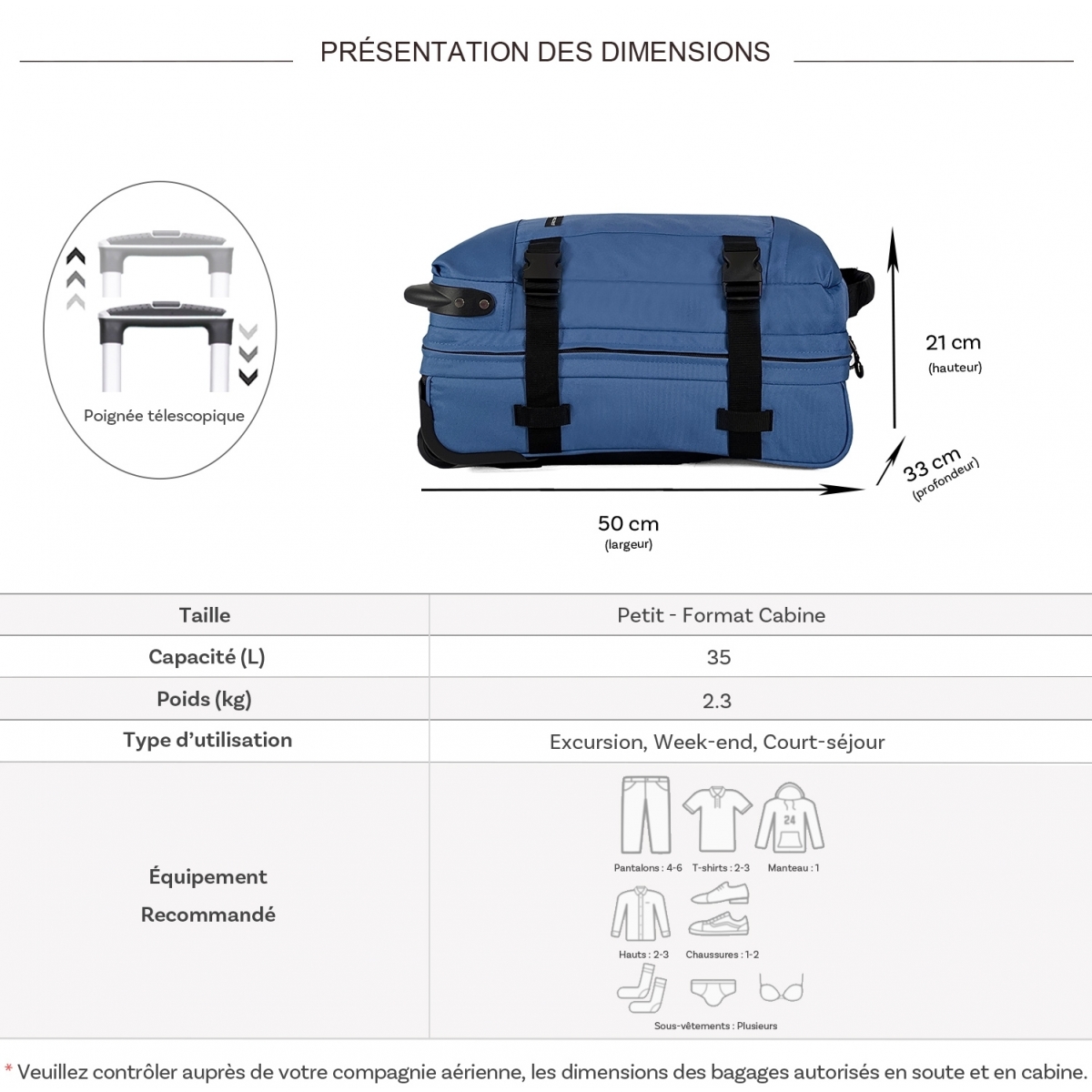 David Jones Sac de voyage cabine à roulettes 35L double compartiment David Jones taille S 50cm