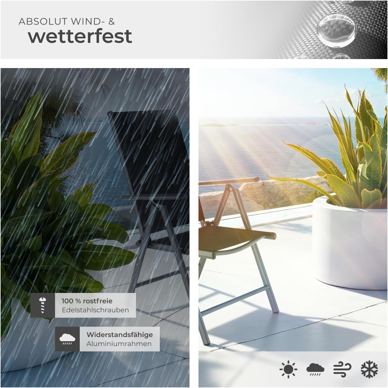 tectake® Aluminium Gartenstuhl 4er Set, Klappstuhl mit 7-Fach Verstellbarer Rückenlehne, Hochlehner mit Armlehnen, Gartenmöbel Set mit 4 Stühlen, für Garten Balkon Terrasse Camping, anthrazit