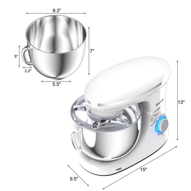 Batedeira de pedestal Costway de 6 velocidades, 660 W, com gancho para massa e batedor de arame, 6,3 qt (6,3 litros), branca.