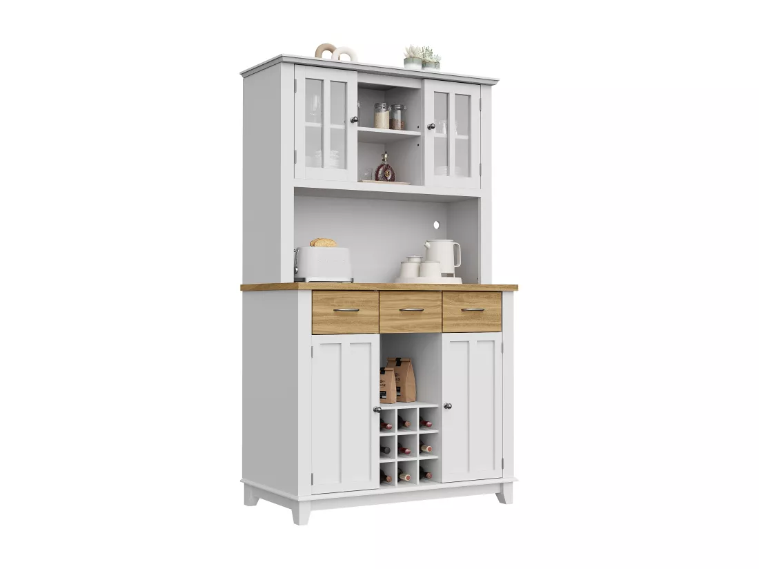 Vitrine、Buffet de cuisine avec LED - H 180cm - grand espace de rangement - Blanc & Naturel
