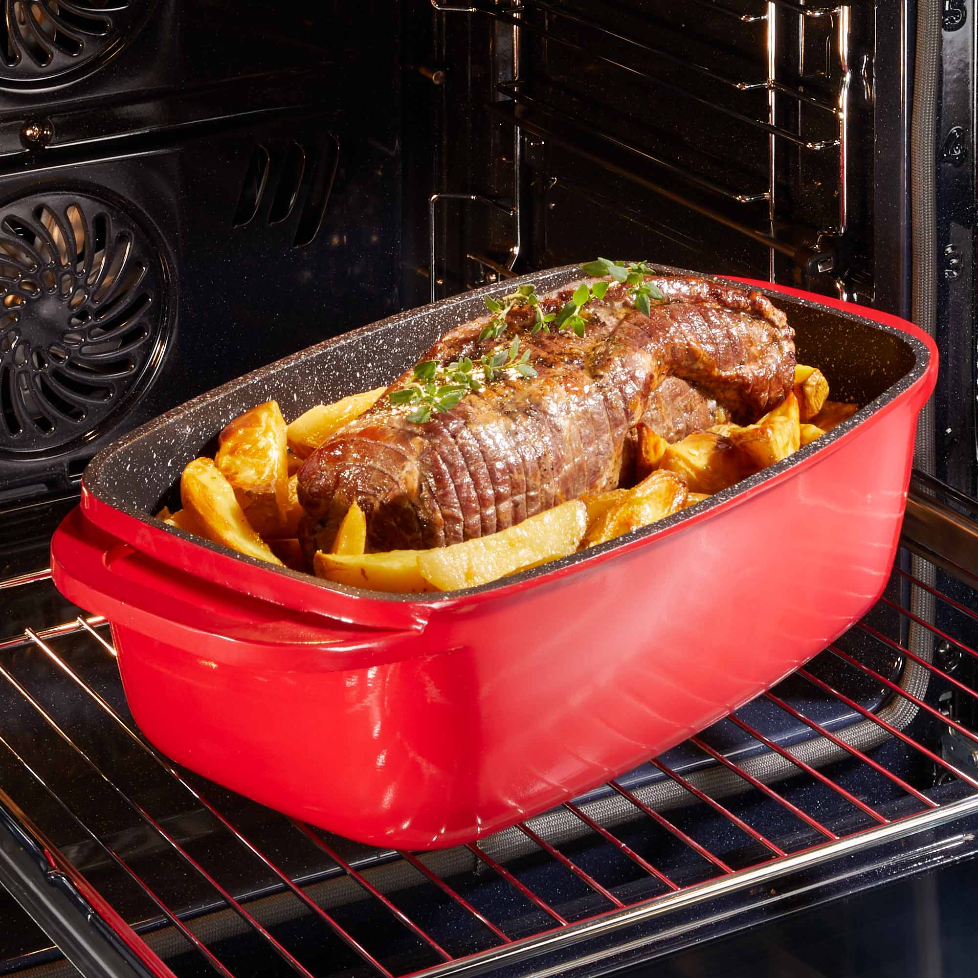 STONELINE® Bräter 40 x 22 cm mit Deckel, Backofen und Induktion geeignet, Antihaftbeschichtung, rot