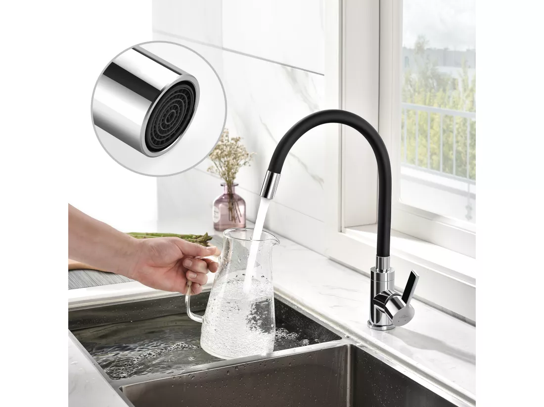Mitigeur Cuisine Noir Flexible Bec Haut Orientable Librement Robinet Évier Laiton Mémoire de Forme Robinet Evier Monotrou Eau Chaude/ Froide