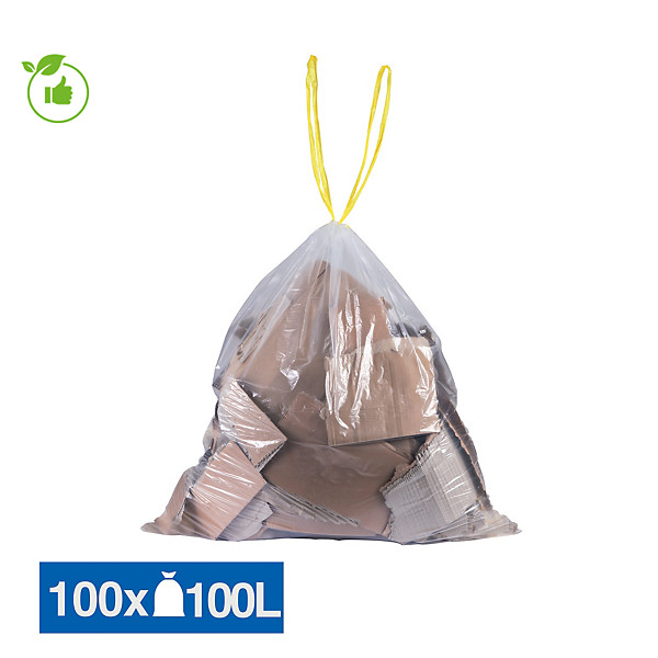 Sacs poubelle déchets courants poignées coulissantes transparents 100 L, lot de 100