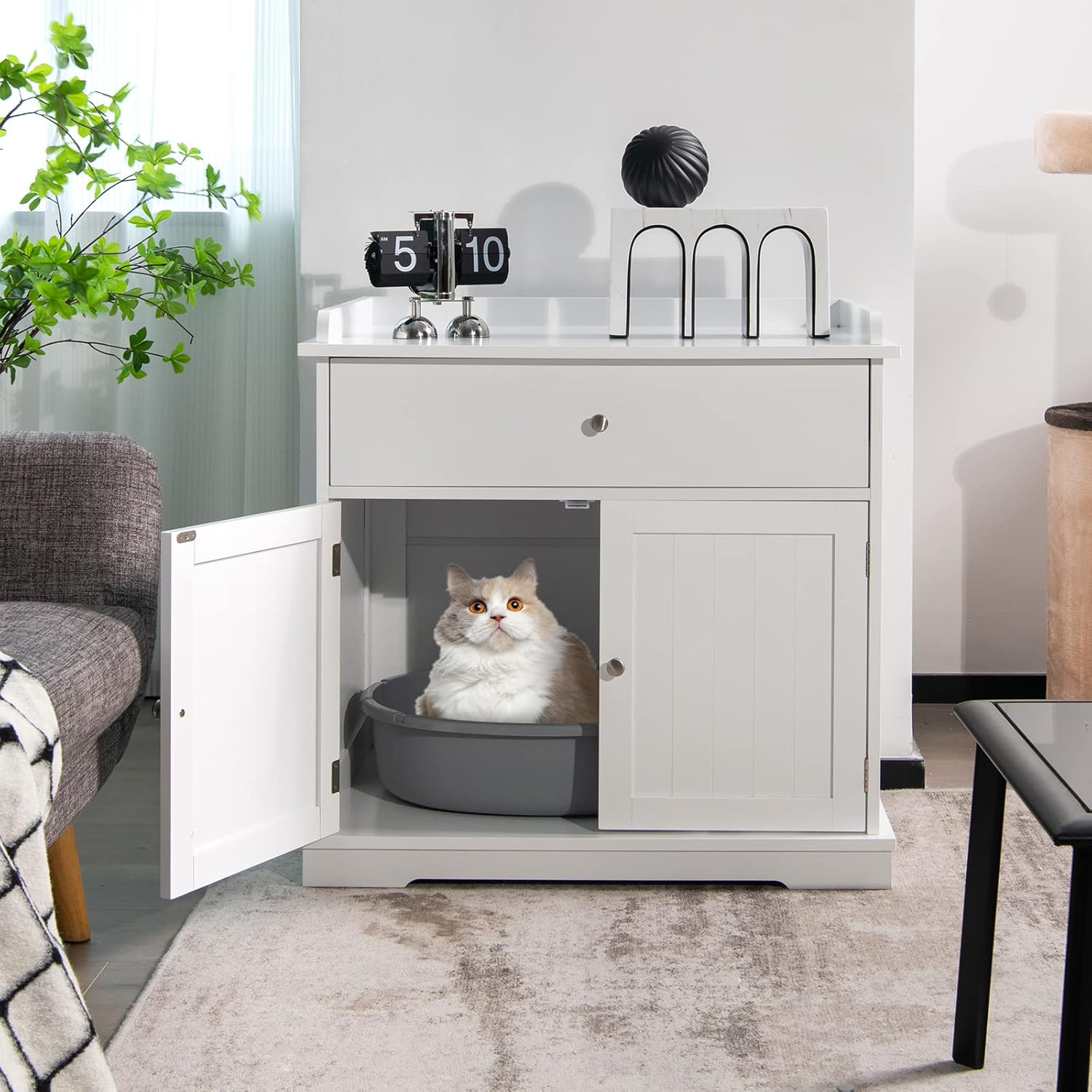 COSTWAY Katzenschrank mit Schublade & Tür & Eingang, 3-in-1 Katzenhaus Katzentoilette Beistelltisch, Schrank Katzenklo Katzenkommode, Katzenhöhle Haustierbox, Katzenmöbel (Weiß)