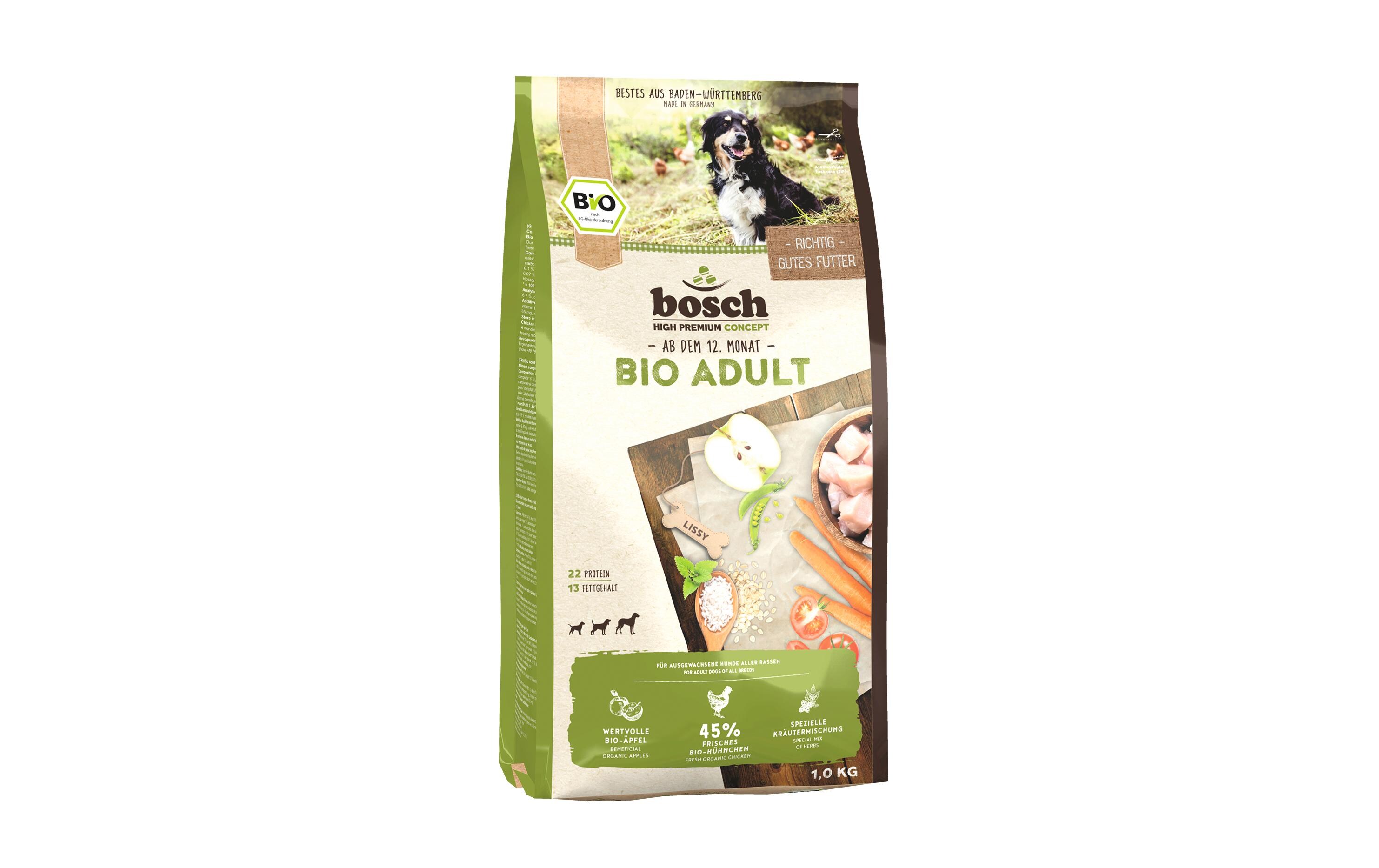 Trockenfutter Bio Adult Huhn & Apfel, 1 kgAlleinfuttermittel Bio für ausgewachsene Hunde