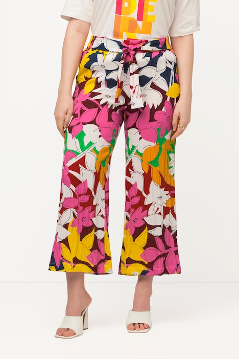 7/8-Hose, Leinenoptik, Blumen, weites Bein, Komfortbund