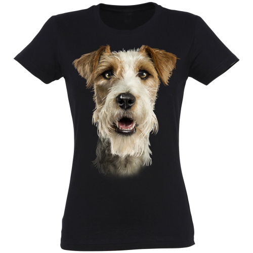 Camiseta feminina preta com estampa de Jack Russell de pelo comprido.
